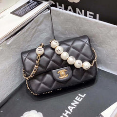 Small Pearl Logo Strap Flap Bag AS1436 Black - IFSHOES