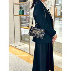 Mini Book Tote With Strap Blue and Beige Oblique Embroidery S5573 - TGSIKIBW